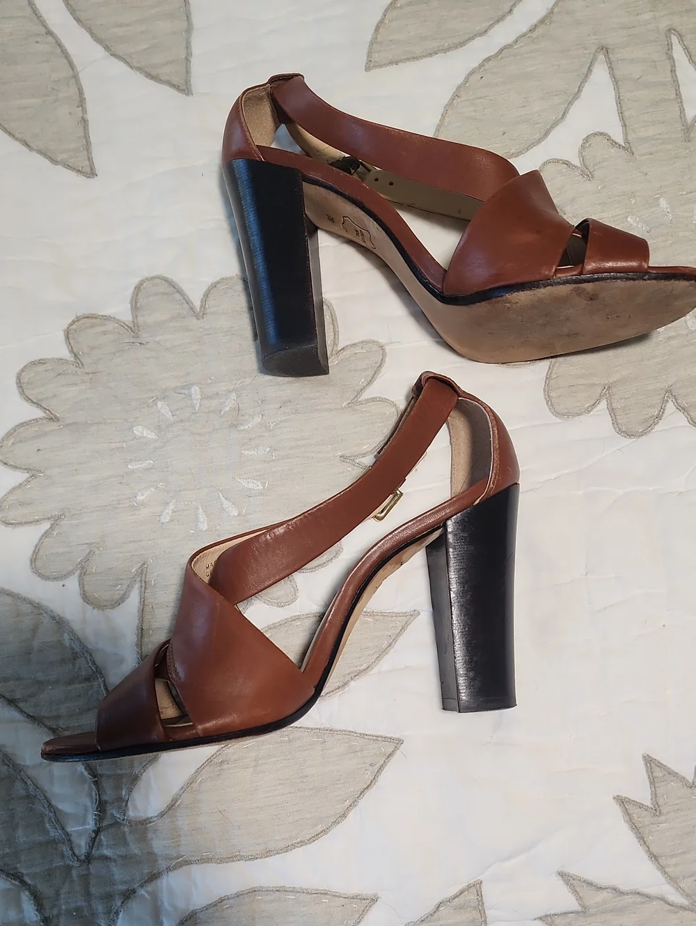 Talbots Brown Cross-Strap High Block Heel Sandals