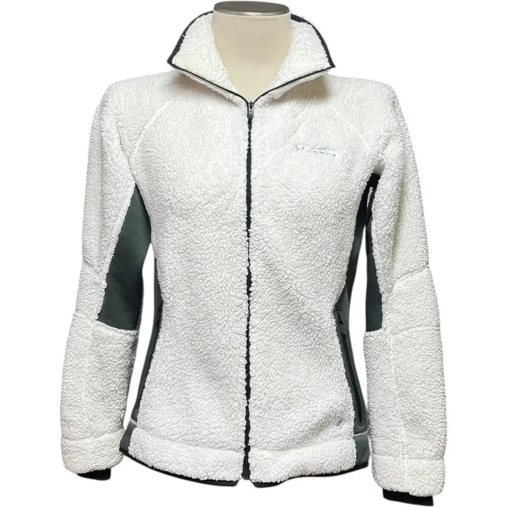 Columbia Sherpa Fleece Jacket Coat White Green Medium