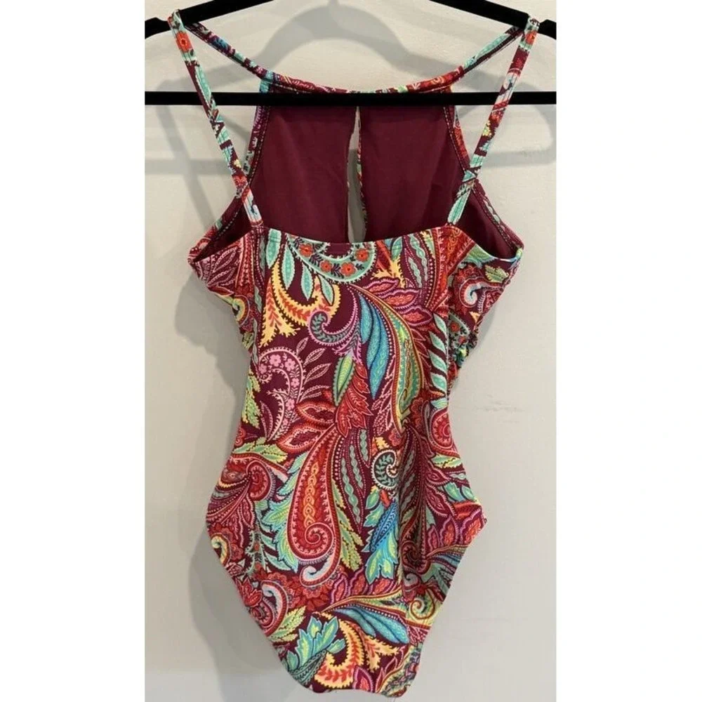 Ellen Tracy Womens Swimsuit High Neck Keyhole Paisley Leaf Print One Piece 8