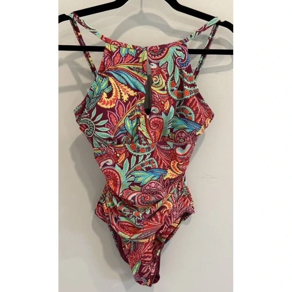 Ellen Tracy Womens Swimsuit High Neck Keyhole Paisley Leaf Print One Piece 8