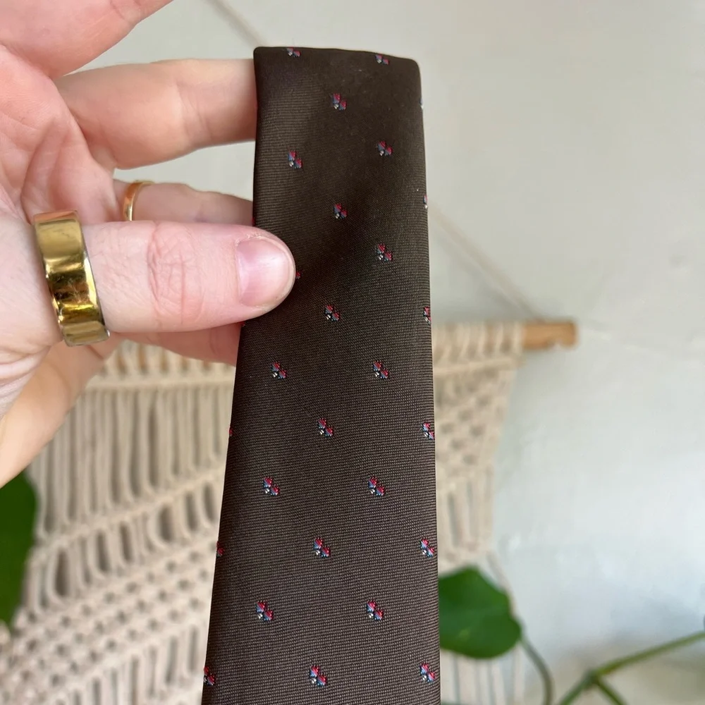 Christian Dior Vintage Silk Blend Tie Brown Print Classic Width Designer Necktie