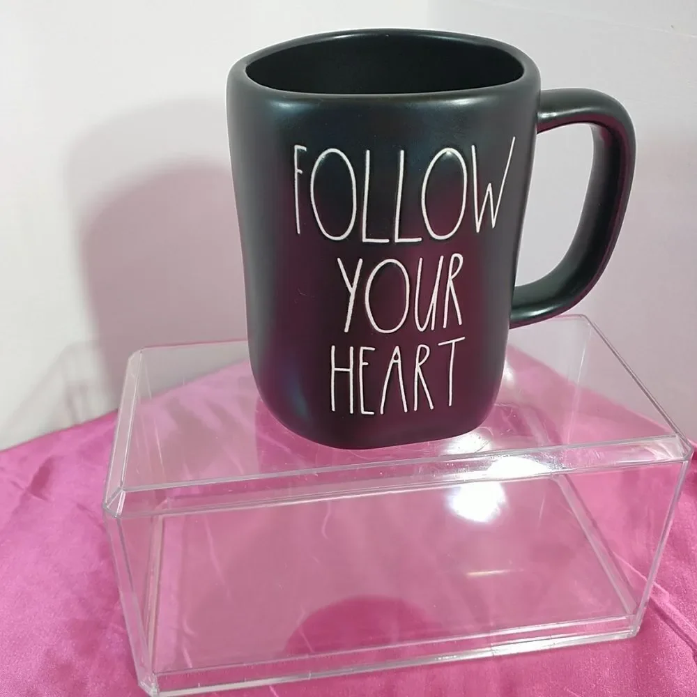 Rae Dunn Follow Your Heart Mug Matte Black Long White Writing. Condition is New