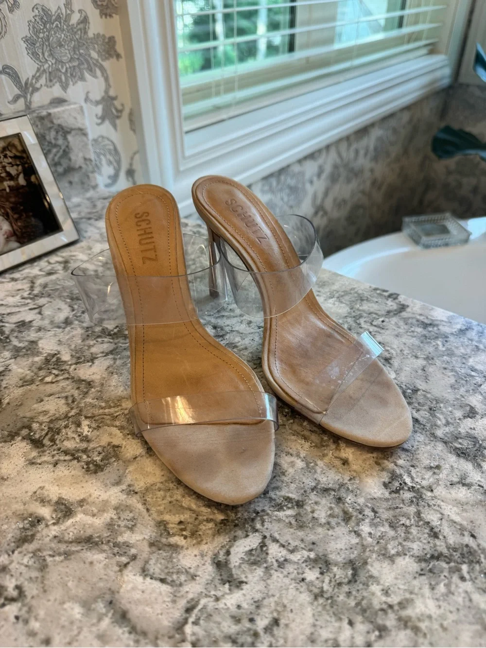 SCHUTZ Clear Strap Nude Leather Mule Heels