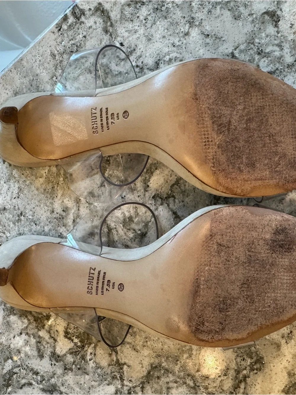 SCHUTZ Clear Strap Nude Leather Mule Heels