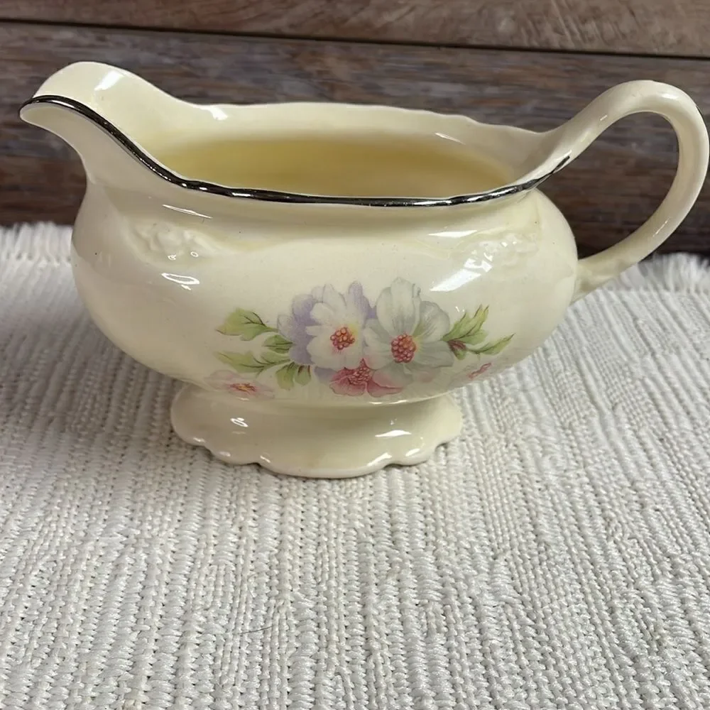 Creamer China Pitcher Fluffy Rose 1 (Platinum Trim) by HOMER LAUGHLIN
