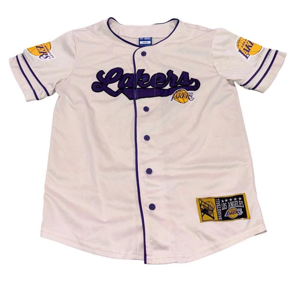 NBA Mesh Button Down Baseball Jersey Kids 14-16 Ultra Game Los Angeles Lakers