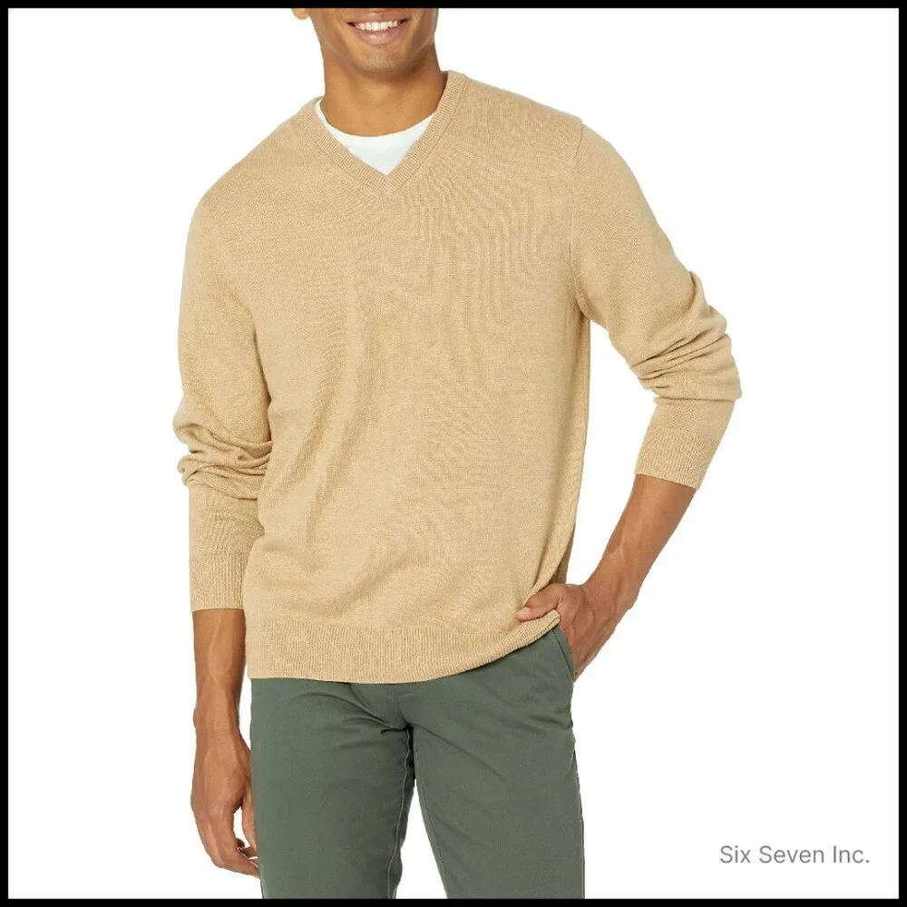 Men's V-Neck Pullover Sweater Classic Cotton Ribbed Collar Lightweight Layering