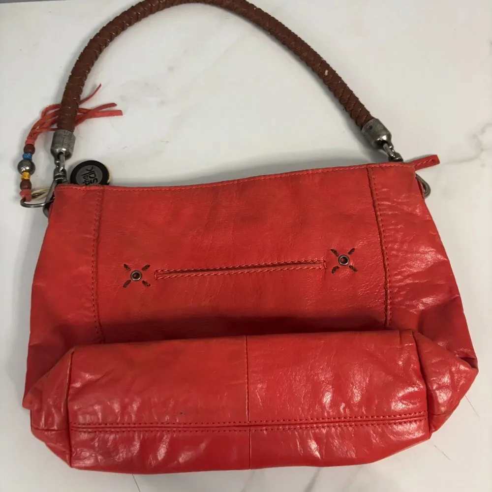 The Sak Indio Hobo Bag Purse Shoulder Leather Baguette Braided Strap Orange