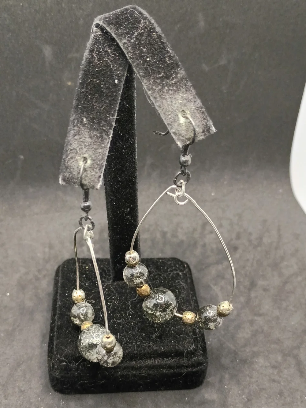 Silver Hoop Drop Earrings with Gray Crackle Beads