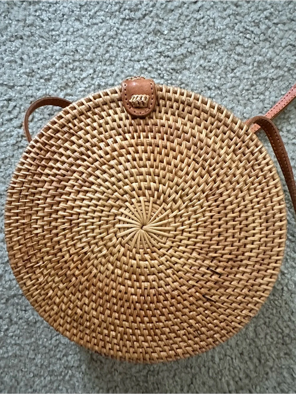 Round Woven Straw Crossbody Bag in Natural Brown