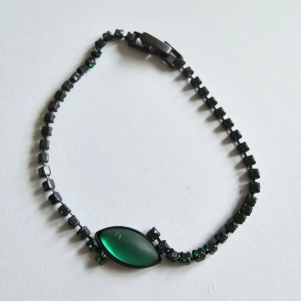 Vintage green rhinestones bracelet black metal dainty retro Japanned prom formal