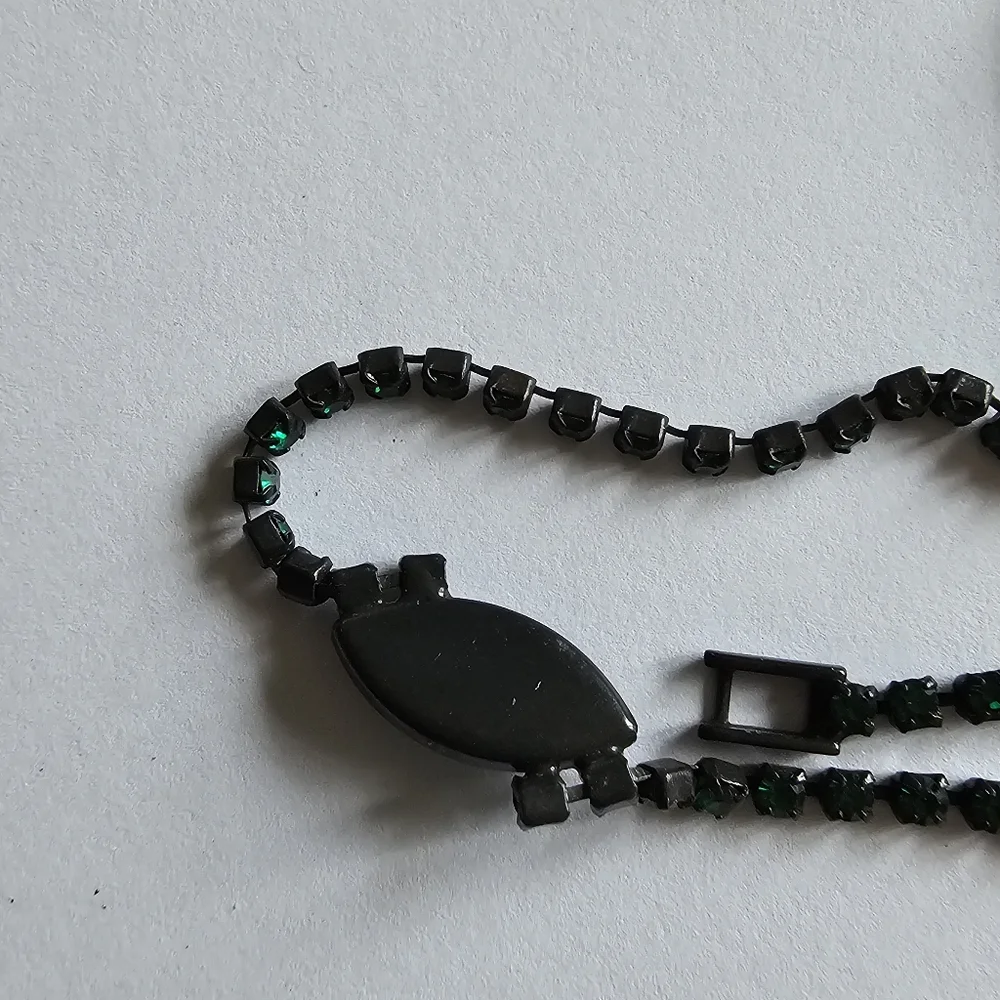Vintage green rhinestones bracelet black metal dainty retro Japanned prom formal