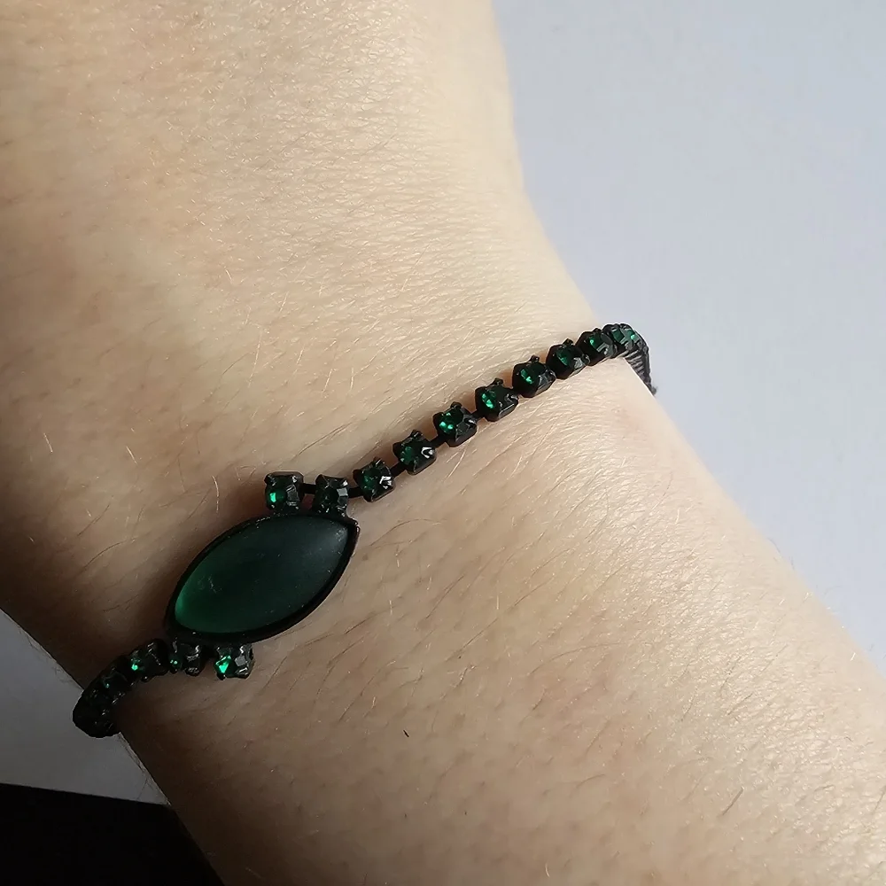 Vintage green rhinestones bracelet black metal dainty retro Japanned prom formal
