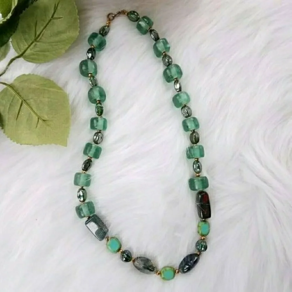 Moss Agate necklace sea glass bead necklace green gemstone boho beaded