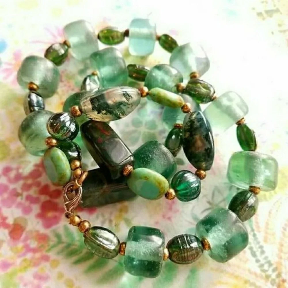 Moss Agate necklace sea glass bead necklace green gemstone boho beaded
