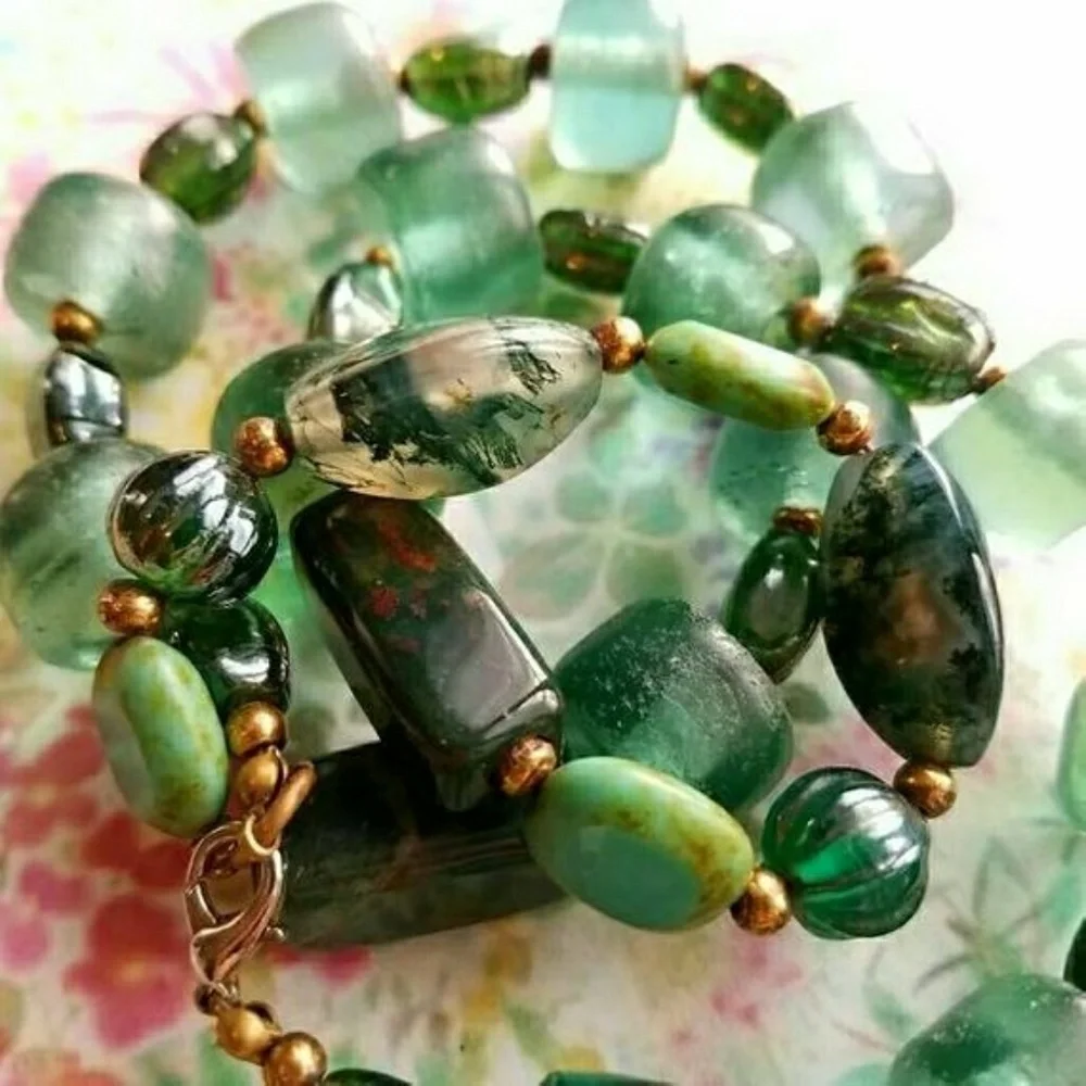Moss Agate necklace sea glass bead necklace green gemstone boho beaded
