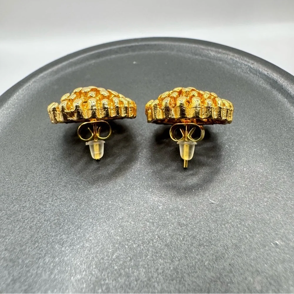 Vintage Gold Tone Textured Dome Stud Earrings | Brutalist Statement 3D Retro