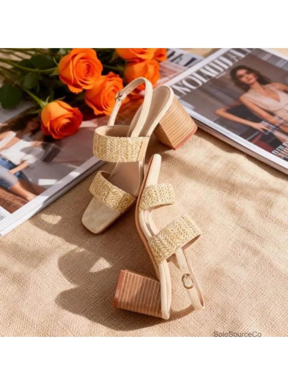 Raffia Block Heel Sandals Square Open Toe Ankle Strap Casual Dress Heels