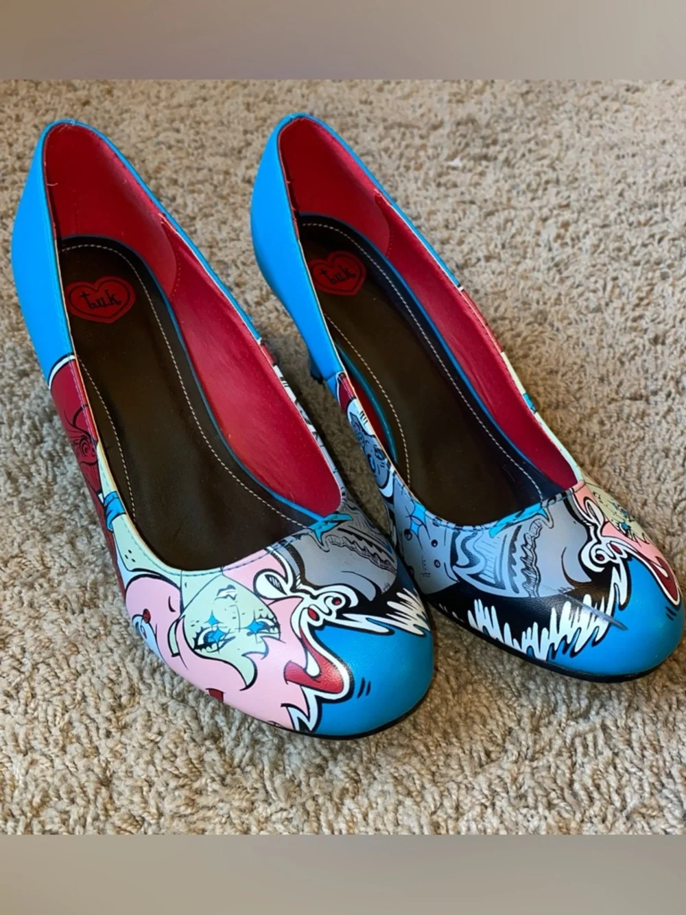 T.U.K. Comic Heels Womens Size 9 Teal Anime Emo Pop Art Graphic Cone Pumps