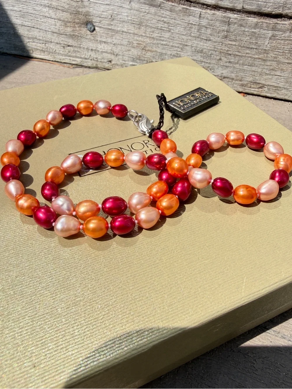 NWT Honora 17” red, orange, champagne dyed freshwater pearl necklace w/ 925!