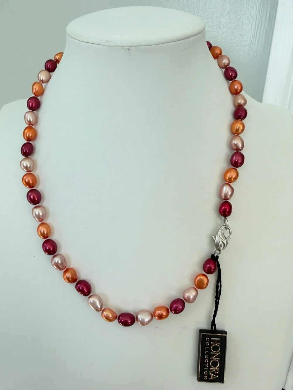 NWT Honora 17” red, orange, champagne dyed freshwater pearl necklace w/ 925!