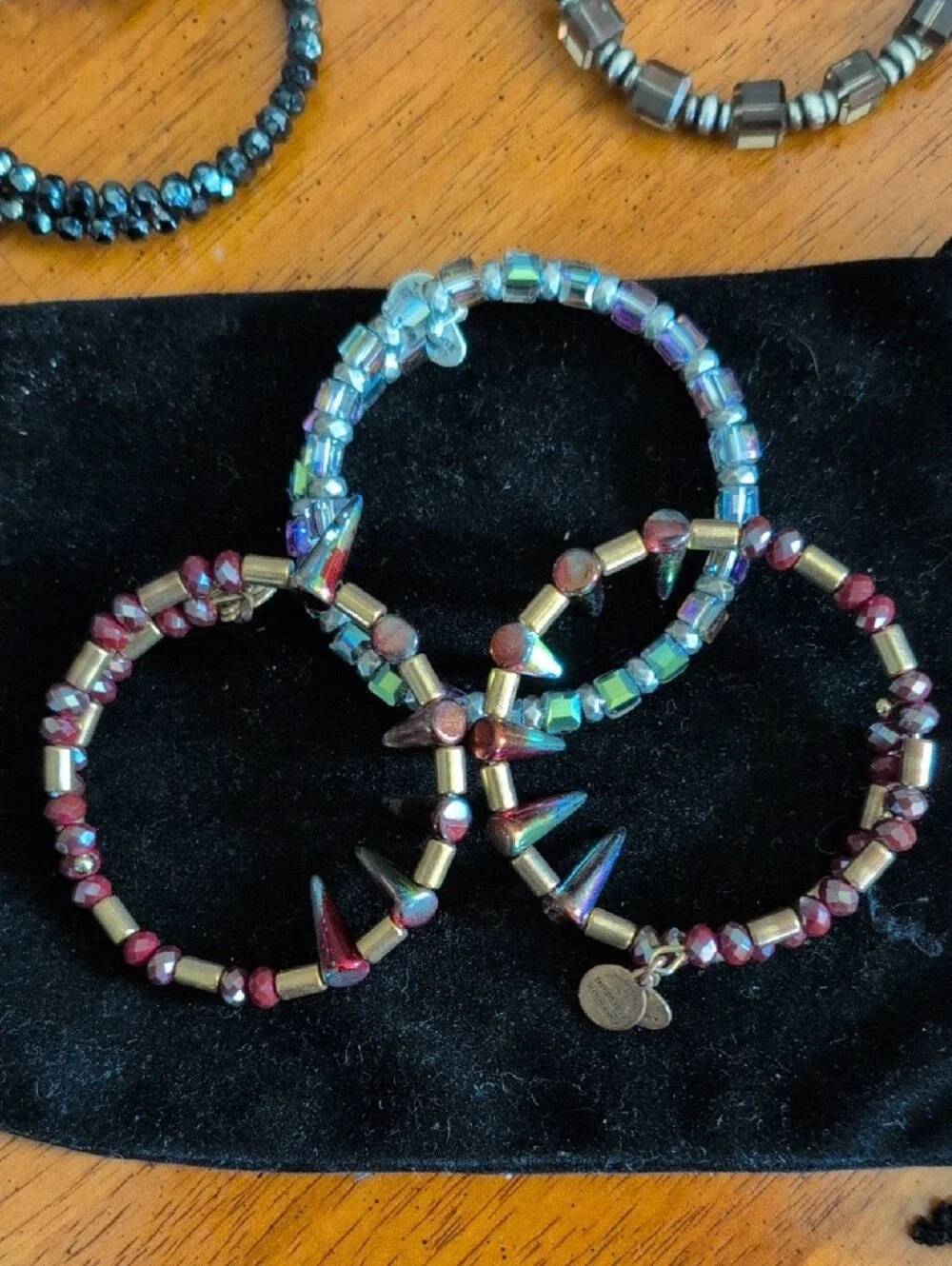 Set of Beaded Stretch Bangle Bracelets - Teal, Gunmetal, Iridescent