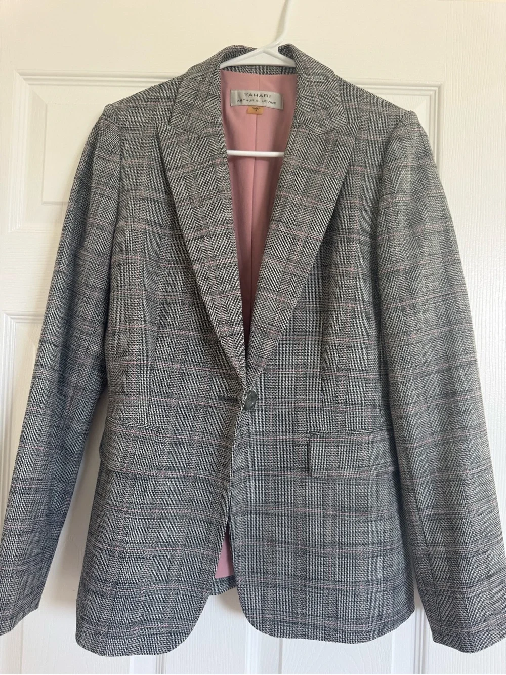 Tahari Gray Plaid Blazer with Pink Lining