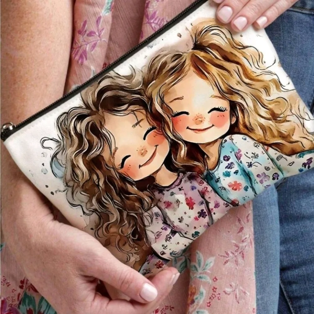 Kawaii Twin Girls Print White Zipper Purse Pouch