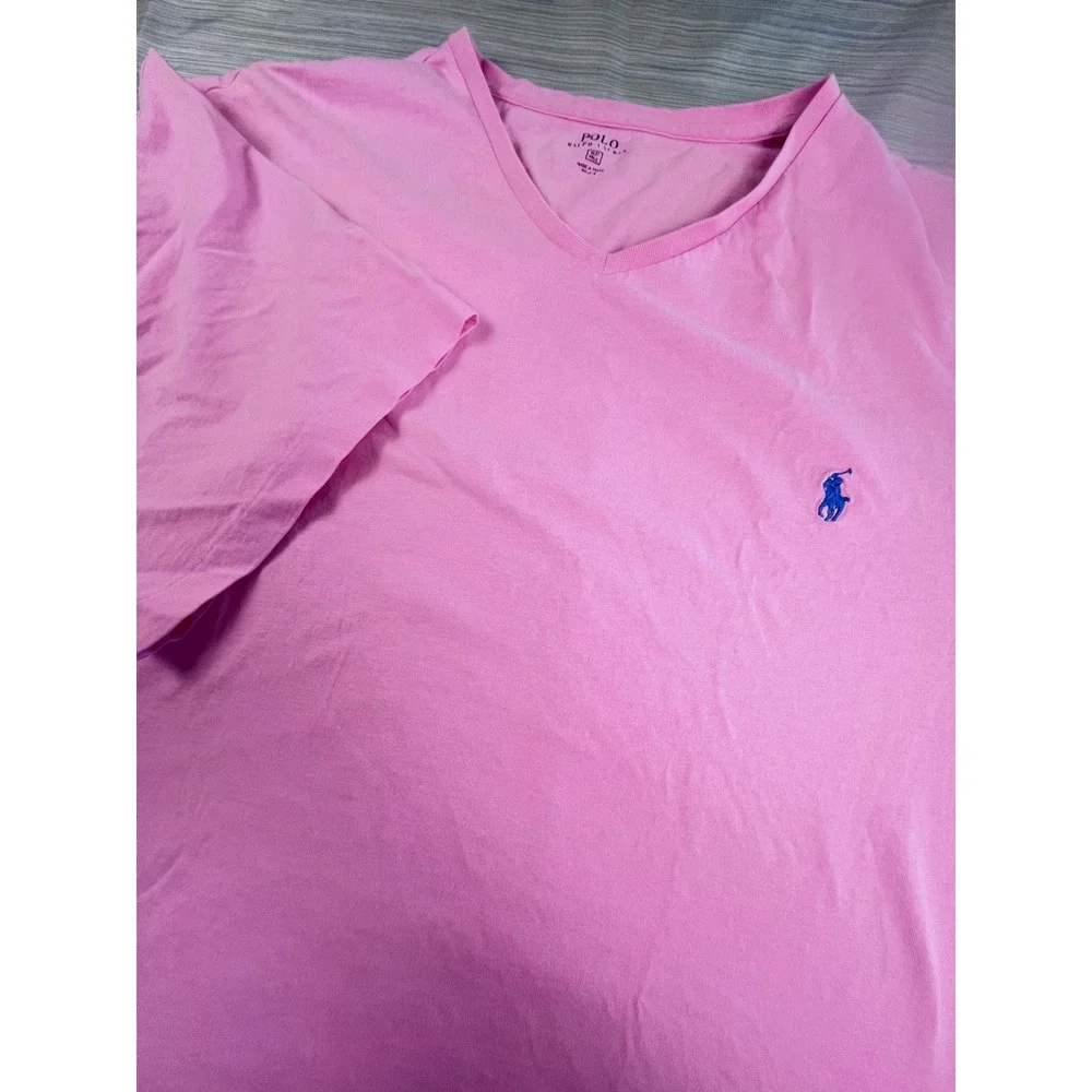 Polo Ralph Lauren Mens Pink V-Neck T-Shirt XLT Tall Blue Pony Logo Cotton Tee