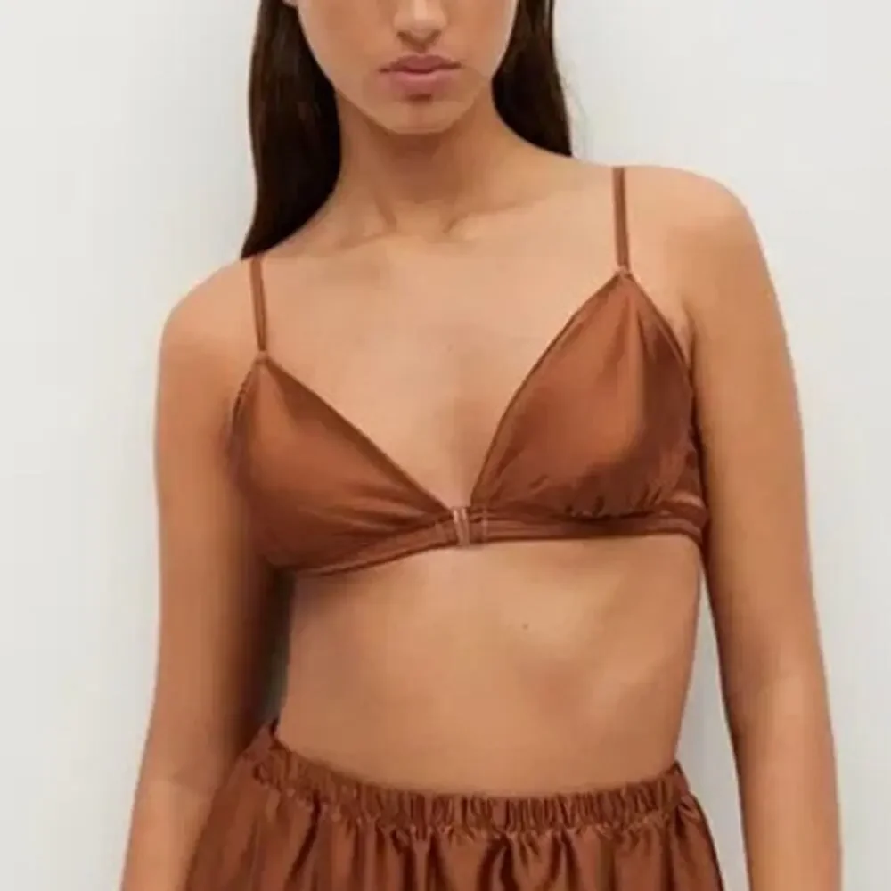 Mango Ruched Satin Bra Adjustable Straps Gathered Detail Brown Size Small
