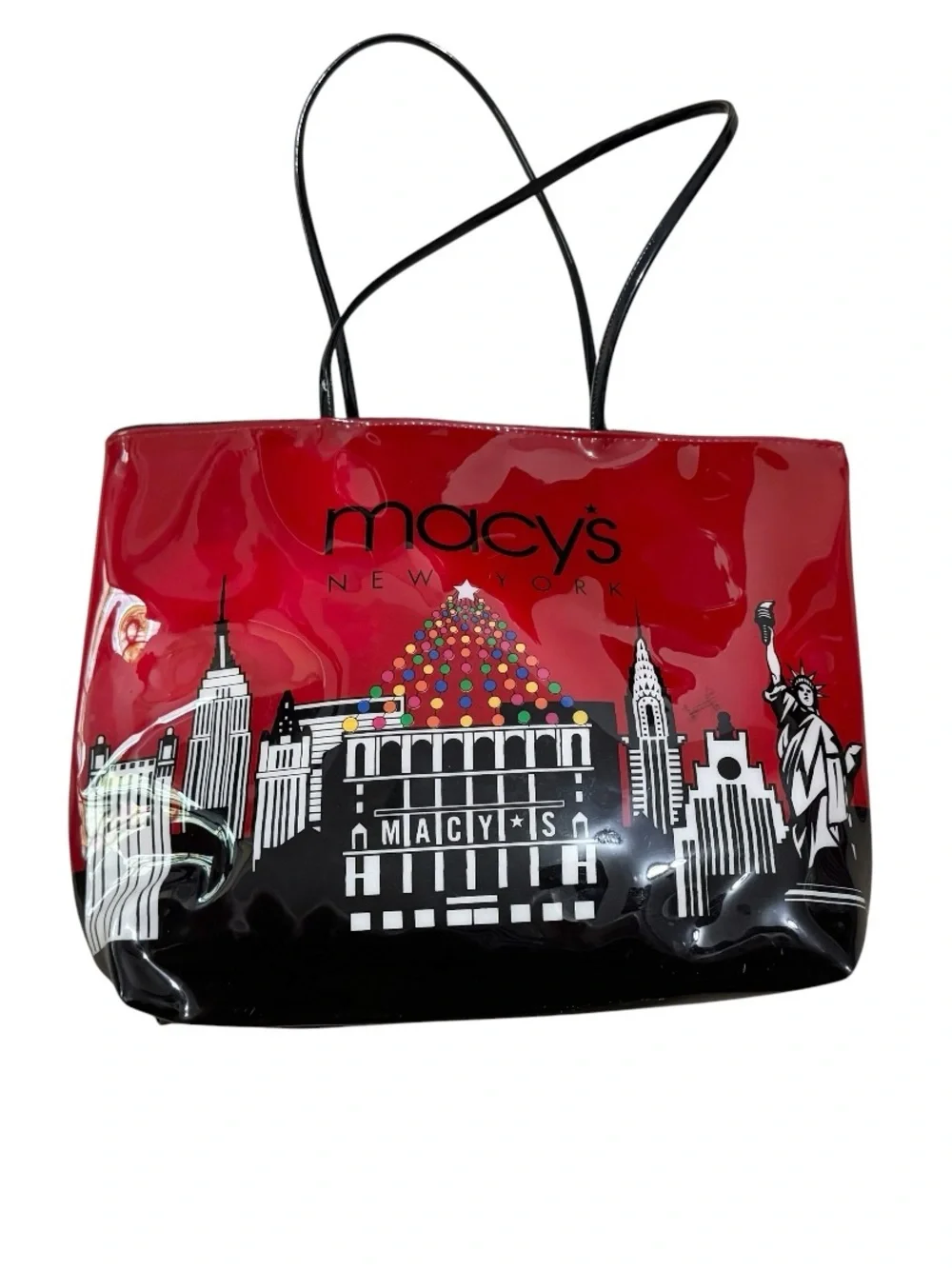 Macy's Red & Black Patent Cityscape Tote w/ Macy's Christmas Tree