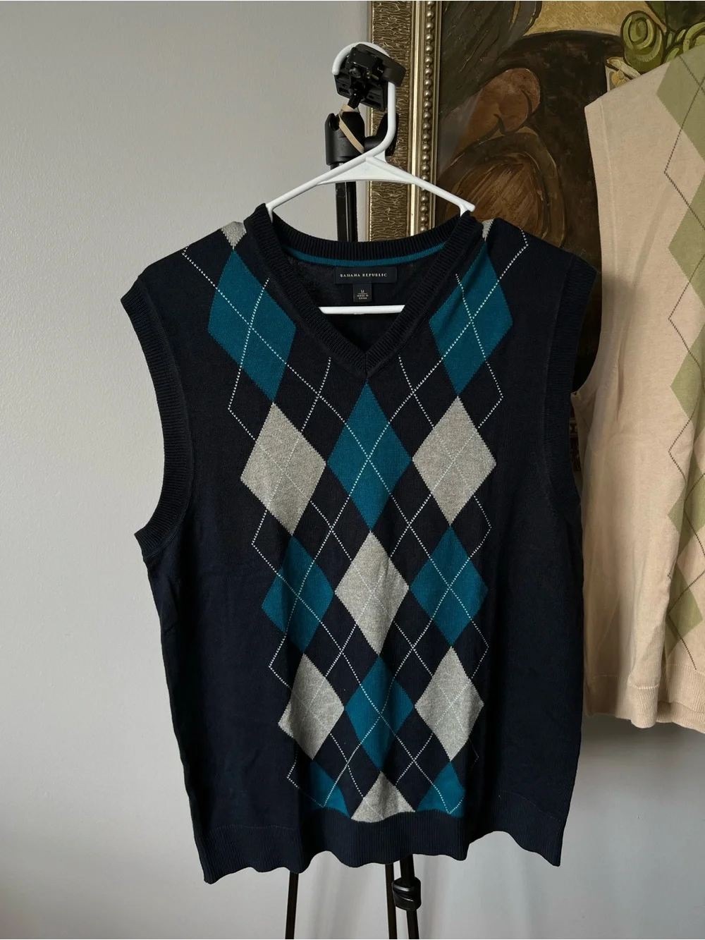 Lot of 2 Banana Republic Men Argyle Sweater Vest V-Neck 100% Cotton Medium