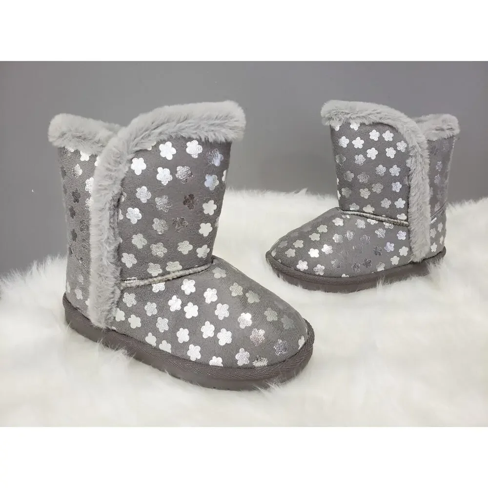 NEW Sz 2 Girls Flower Silver Gray Metallic Flower Faux-Fur Slipper Winter Boot‎