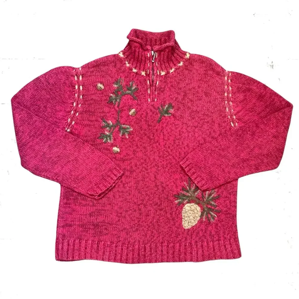 VTG Y2K 90s Coldwater Creek 1/4 Zip Fall Embroidered Sweater Size M Cabincore
