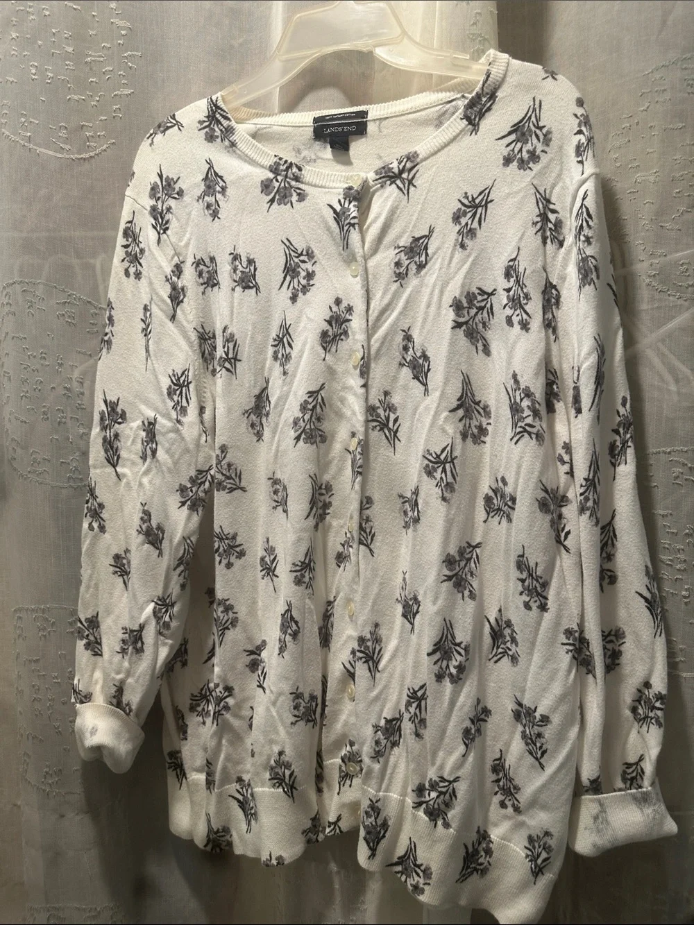Lands' End White Cardigan with Gray Floral Print