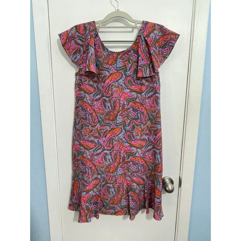 J Crew Silk Dress Size 2 Pink Paisley Ruffled Preppy Country Club Spring