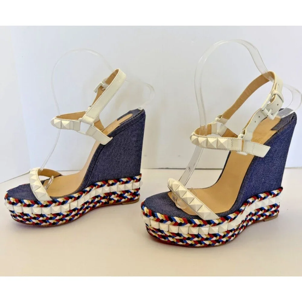 Christian Louboutin Cataclou Espadrille Sandals Red White Blue Denim Size 37 / 7