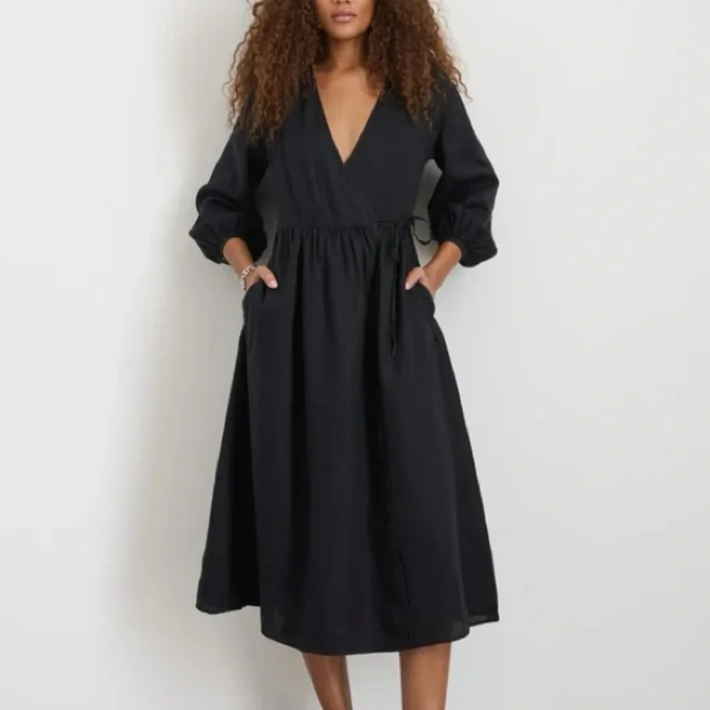 NWOT Alex Mill Lauren Long Sleeve Linen Maxi Wrap Dress in Rich Black Large