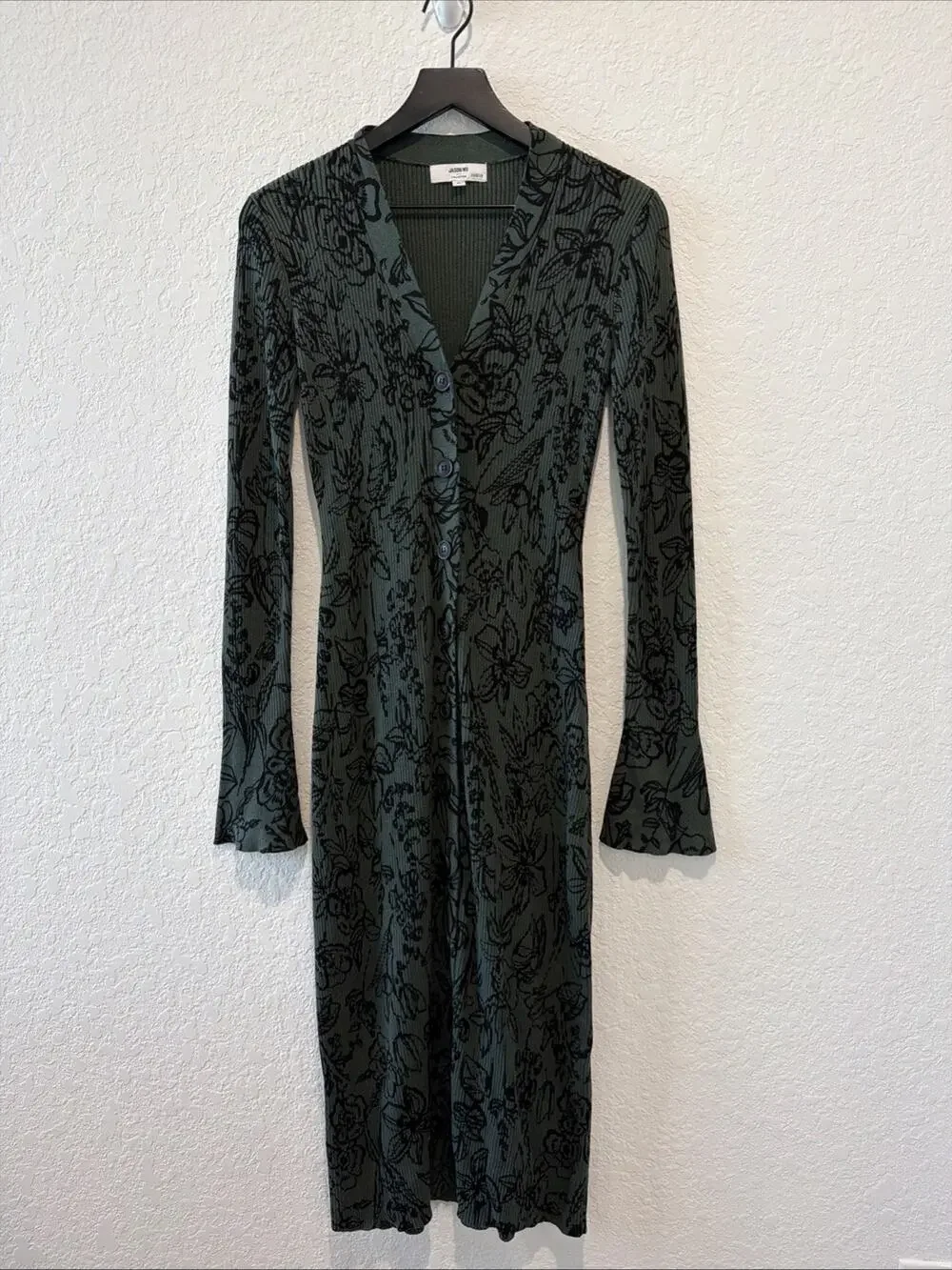 Jason Wu Collective Dark Green Black Floral Midi Maxi Button Front Dress Medium