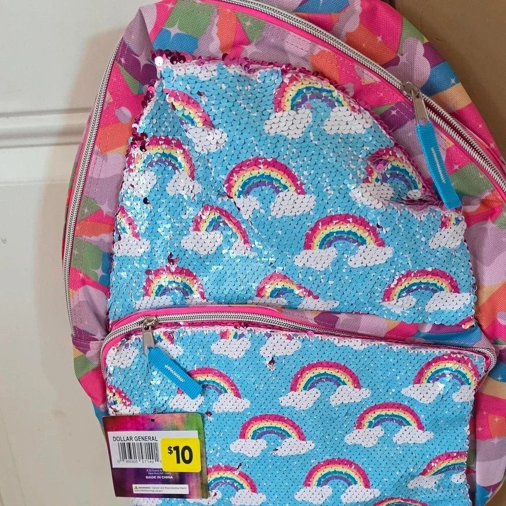 New Rainbow sequin backpack with white clouds
