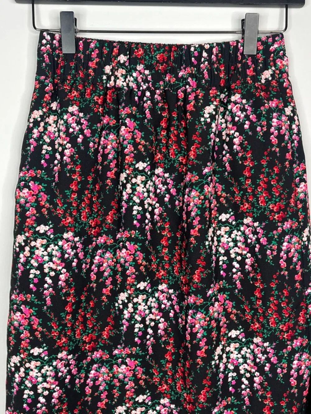 J Crew Floral Midi Skirt Womens XSP Black Pink Pull On Petite Casual