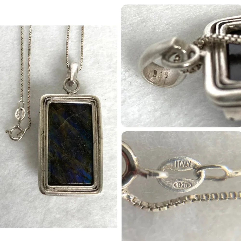 Sterling Silver 925 Bezel Set Blue Flash Labradorite Pendant Necklace 18