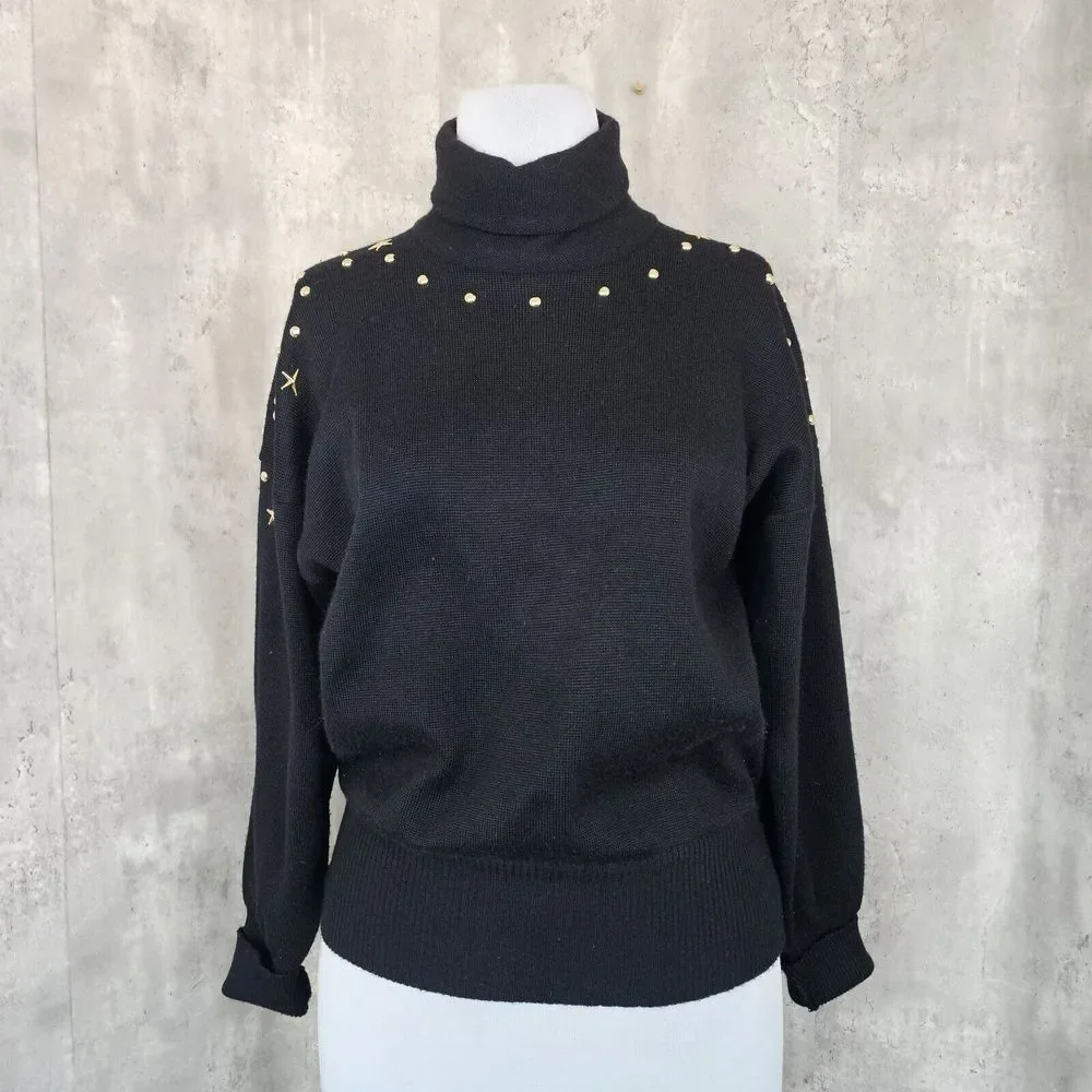 Vintage 80s Meister Womens M Black‎ Knit Turtleneck Sweater Brass Studded Detail