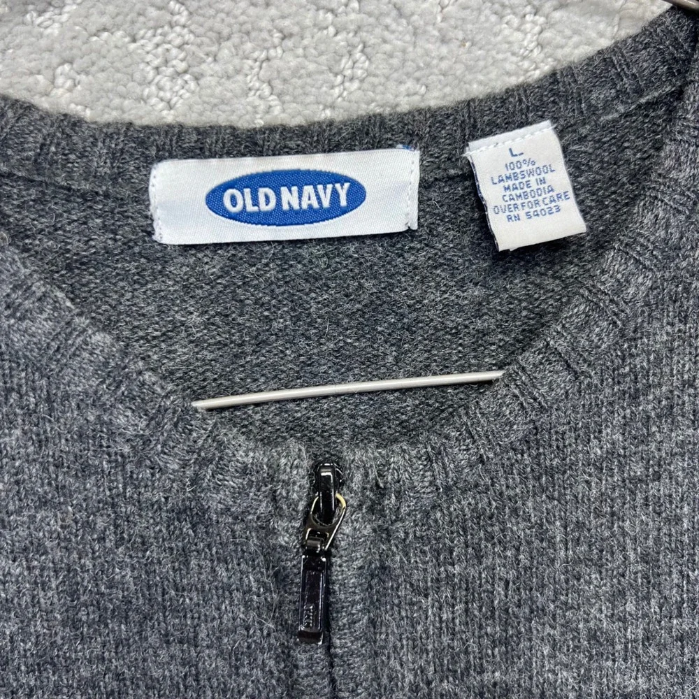 VINTAGE‎ 90s Old Navy Sweater Womens L Dark Grey 100% Lambswool Zip Up Cardigan