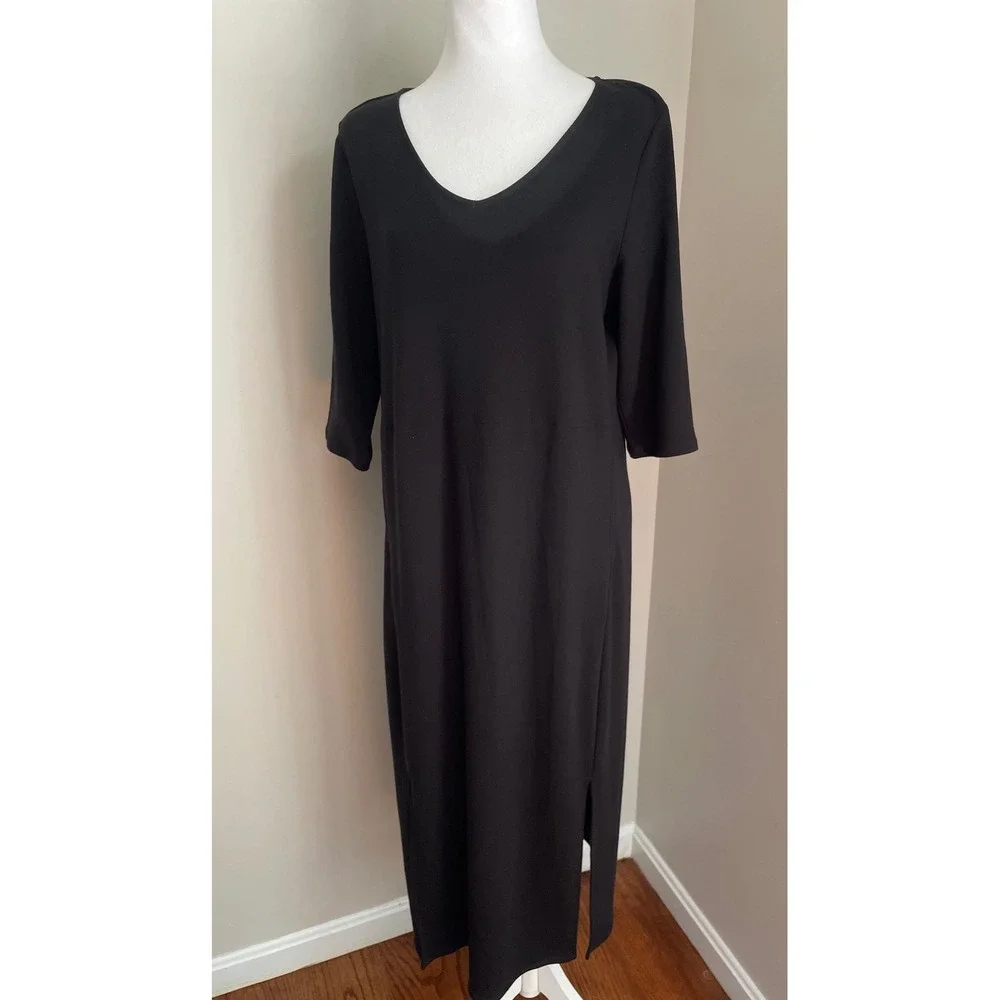 Pure Jill Luxe Tencel M Petite Dress Black VNeck Midi Minimalist 1/2 Sleeve Soft