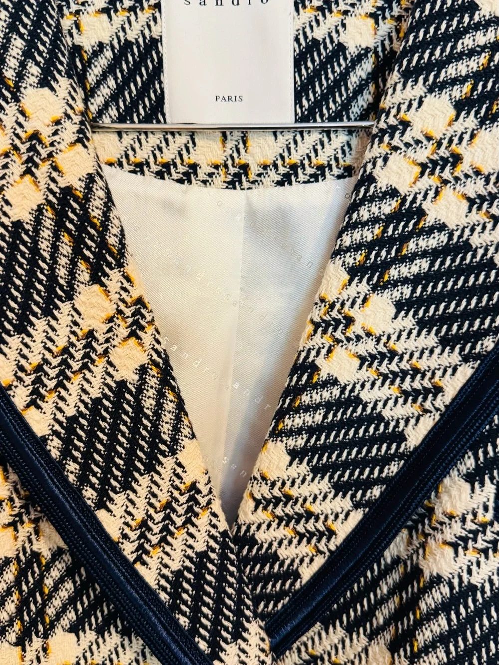 Sandro Navy and Cream Cropped Tweed Blazer and Skirt