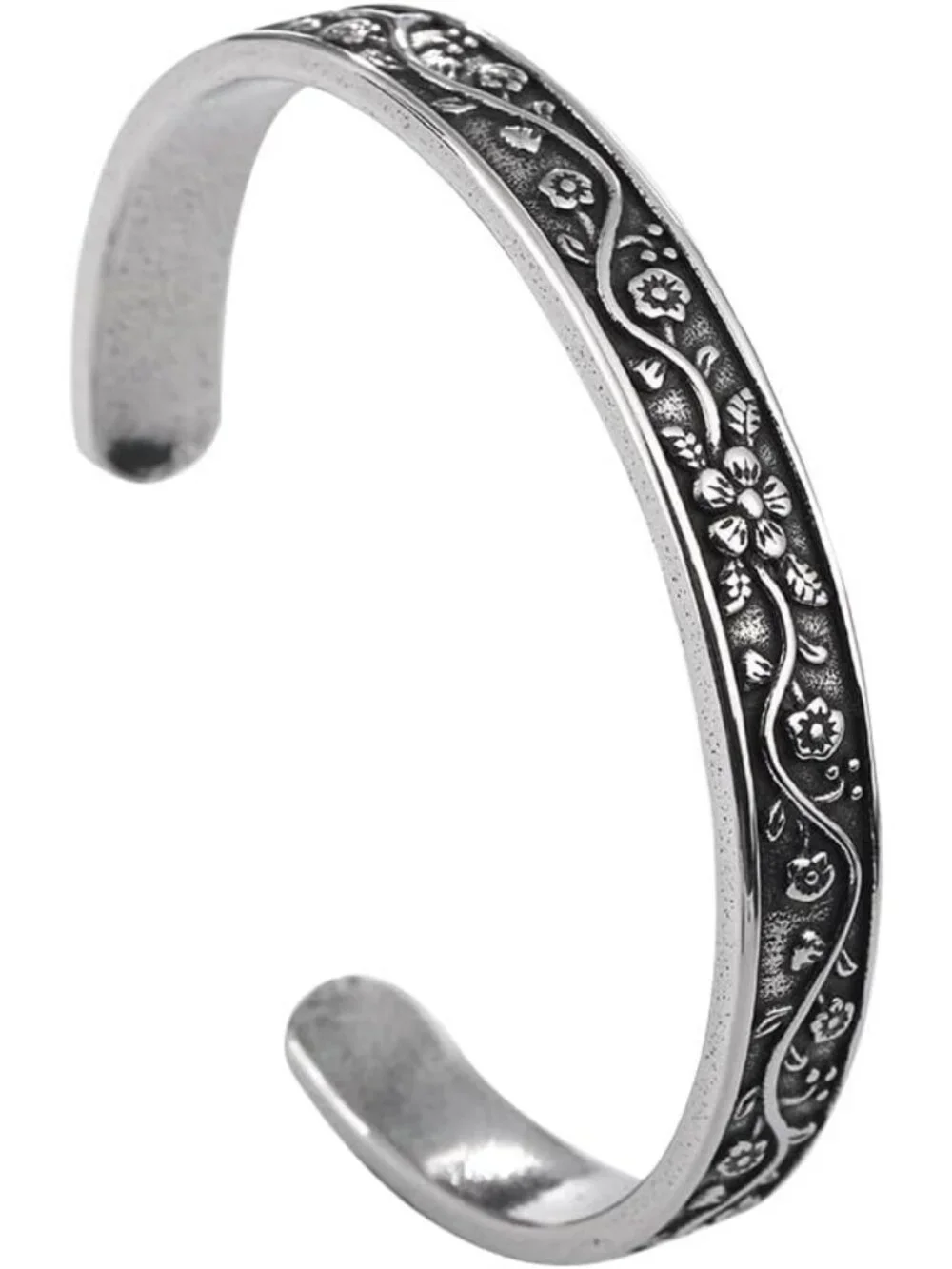 Vintage Floral Cuff Bracelet - Stainless Steel Flower Bangle for Women, Boho