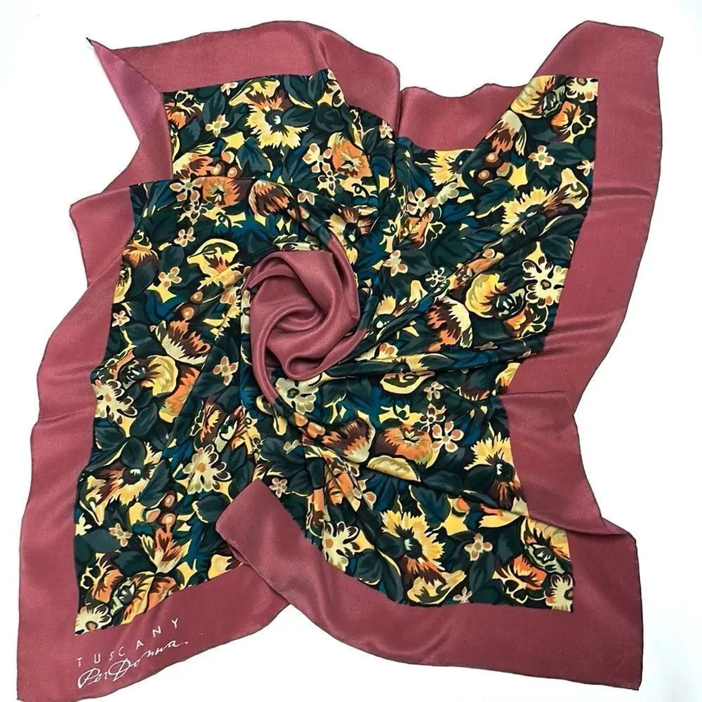 Tuscany Per Donna Silk Crepe Scarf Hand Rolled Mauve Taupe Floral