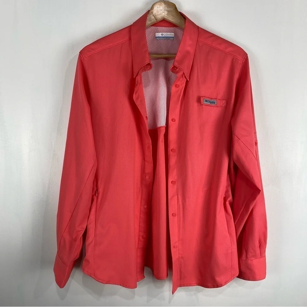 Columbia: PFG‎ Outdoor Full Snap Up Down Windbreaker Jacket Coral Size Large