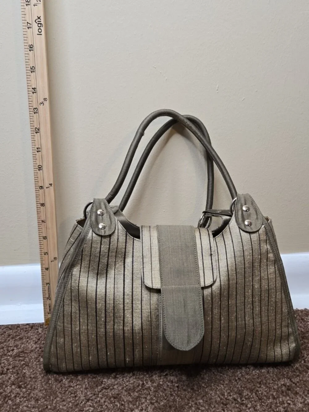 Sentosa Silk Metallic Taupe Brown Pinstripe Hobo Bag Academia Chic